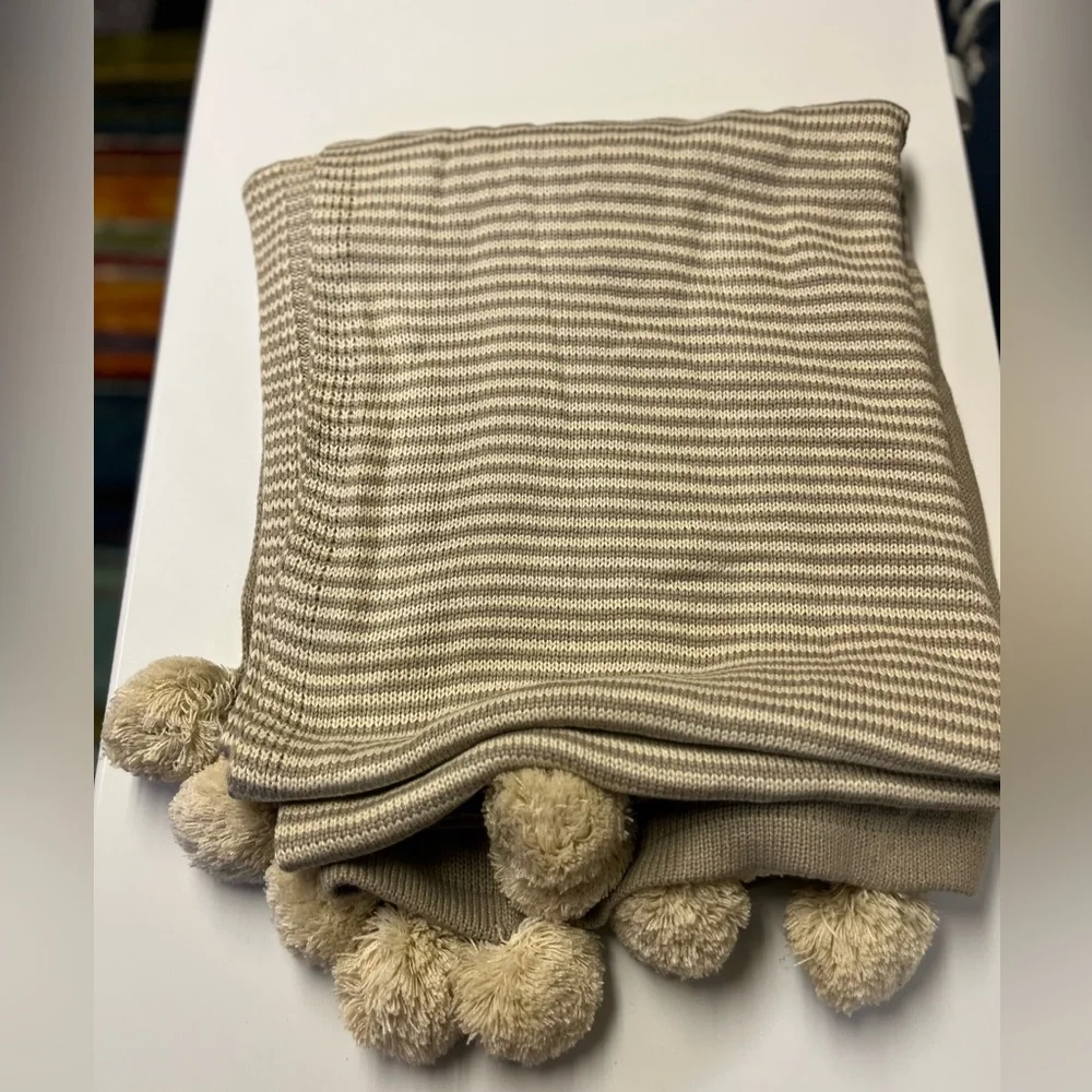 Crate and Barrel Striped Taupe Pom-Pom Throw